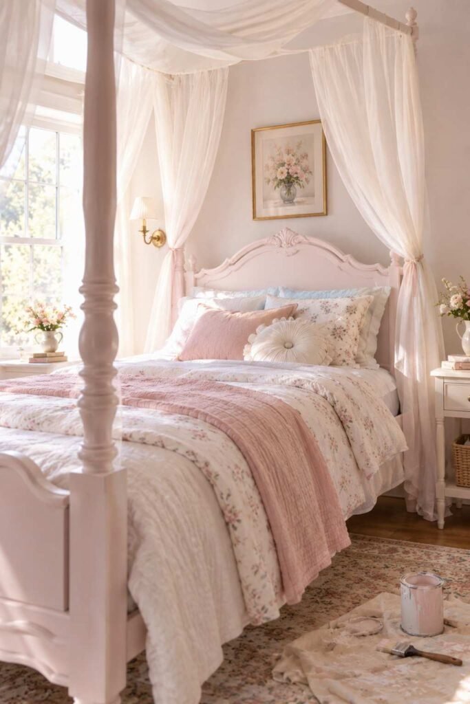 30 Canopy Bed Ideas for Princess Bedroom: Dreamy, Safe & Budget-Friendly 16 Thrift-store bed frame painted pastel with a new voile canopy