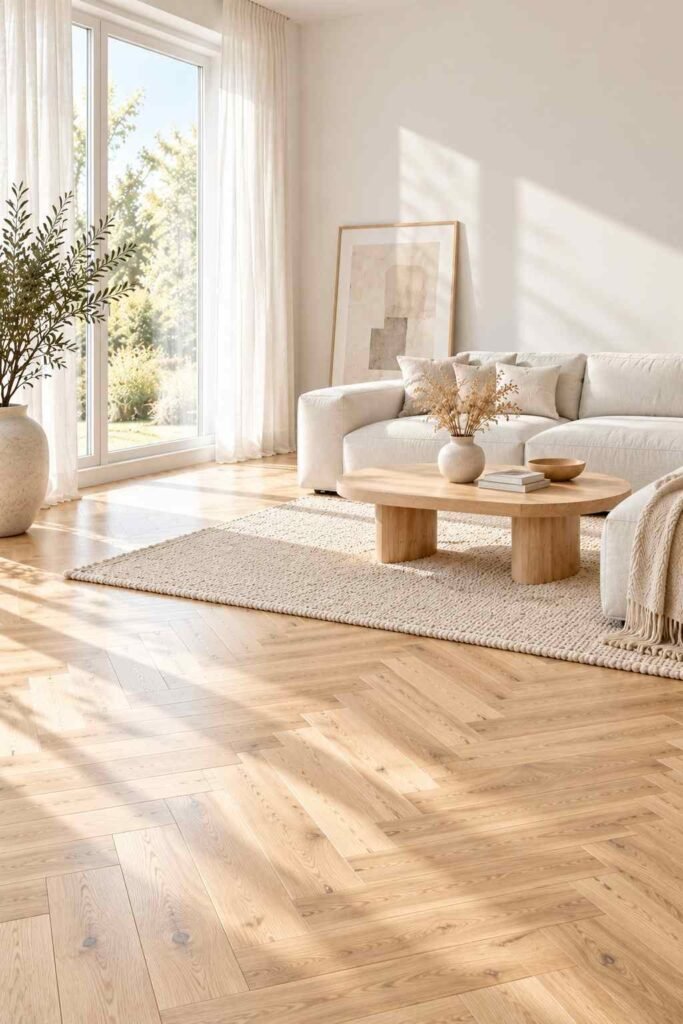 30 Scandinavian Interior Design Ideas with Wood Block Flooring for a Warm, Light-Filled Home 4 Pale herringbone oak wood block floor in a white Scandinavian living room