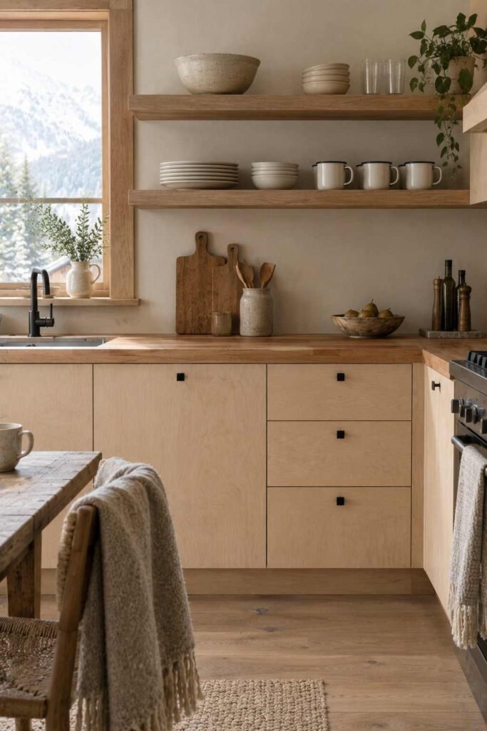 27 Scandinavian Mountain Interior Design Ideas: Ways to Create a Warm Nordic Cabin 13 Pale wood slab-front kitchen with butcher block counters in a Scandinavian cabin
