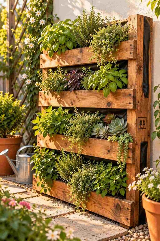 28 Budget-Friendly Outdoor Decorations DIY Garden Projects for Every Season 6 Upright pallet vertical garden filled with herbs and succulents against a garden wall