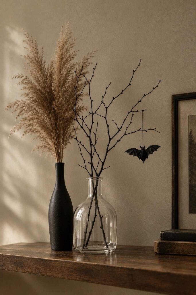 28 Modern Halloween Shelf Styling Ideas That Look Stylish, Not Scary: A Chic, Spooky Home 13 Dried pampas grass and bare branches with a tiny paper bat in vases on a Halloween shelf.