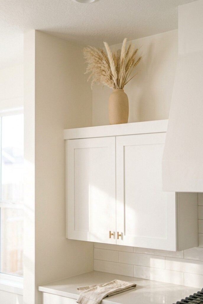 Tall vase of dried pampas grass and wheat styled on top of kitchen cabinets.