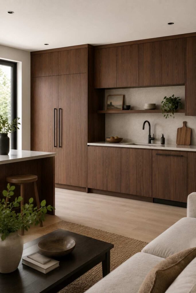 Panel-ready fridge and dishwasher covered in matching walnut cabinet fronts