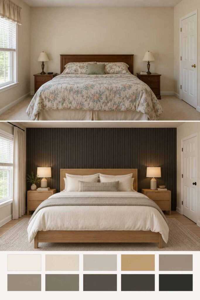 Home Remodeling Before and After: 28 Room-by-Room Transformations 13 Bedroom before and after charcoal slat paneling, with a palette strip of warm whites, greys, wood and charcoal.