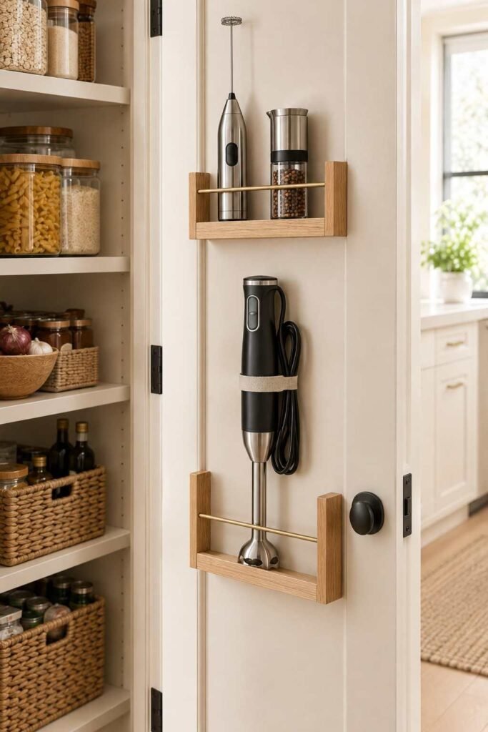 Pantry door rack holding a milk frother, spice grinder and immersion blender