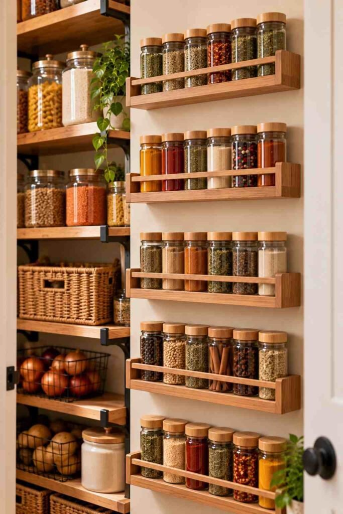 Open Shelving Pantry Kitchen Ideas: 30 Layouts, Storage Tricks and Styling Tips 15 Thin spice rails on a pantry side wall holding uniform spice jars.