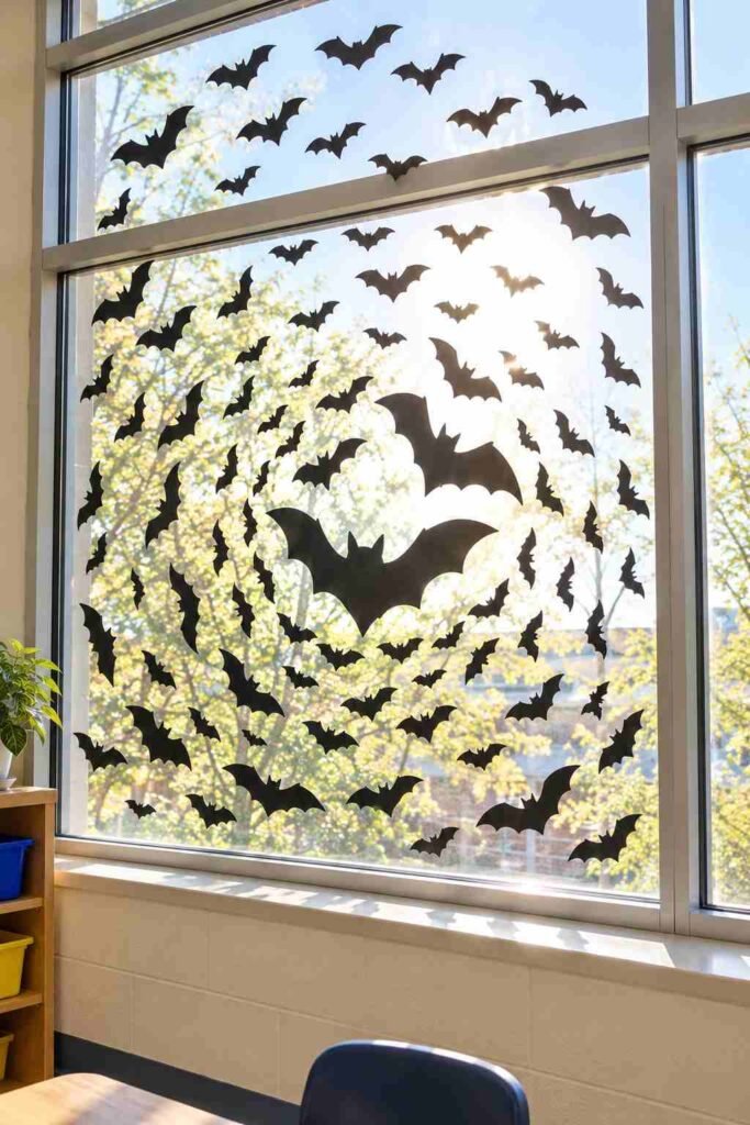 Spiral of black paper bats in three sizes on a sunlit school window.