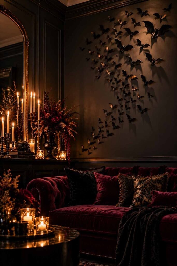 30 Halloween Party Decorations for Adults: Moody, Spooky, Stylish Ideas for Any Home 6 Black paper bats arranged in a spiral on a wall as easy DIY Halloween decor for adults.