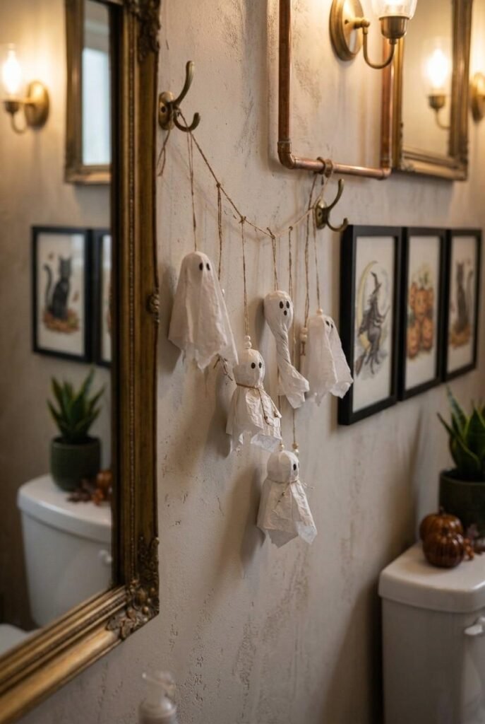 Paper ghost garland hanging on twine across a bathroom wall for Halloween