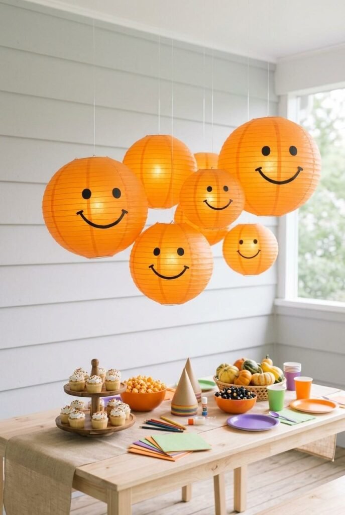 Orange paper lanterns with smiling jack-o’-lantern faces hanging above a kids’ party table.