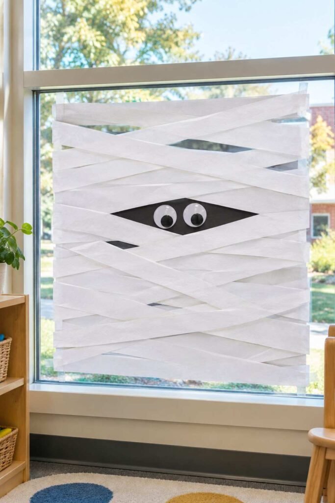 Window covered in white paper strips with googly eyes peeking out like a mummy.