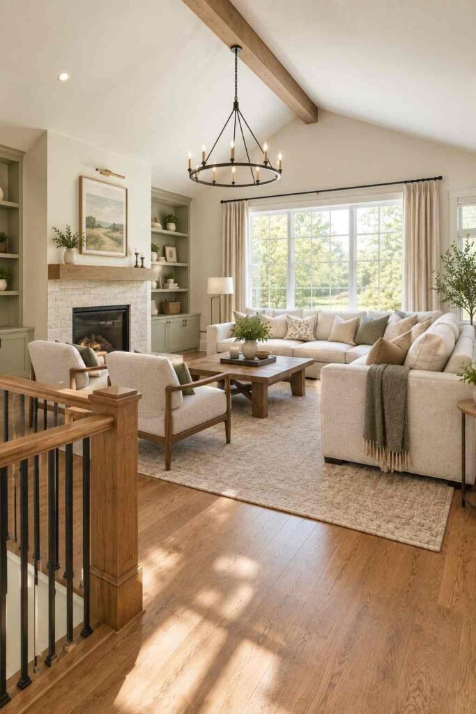 Living room with a partial vaulted ceiling and wood beam in a remodeled split-level home