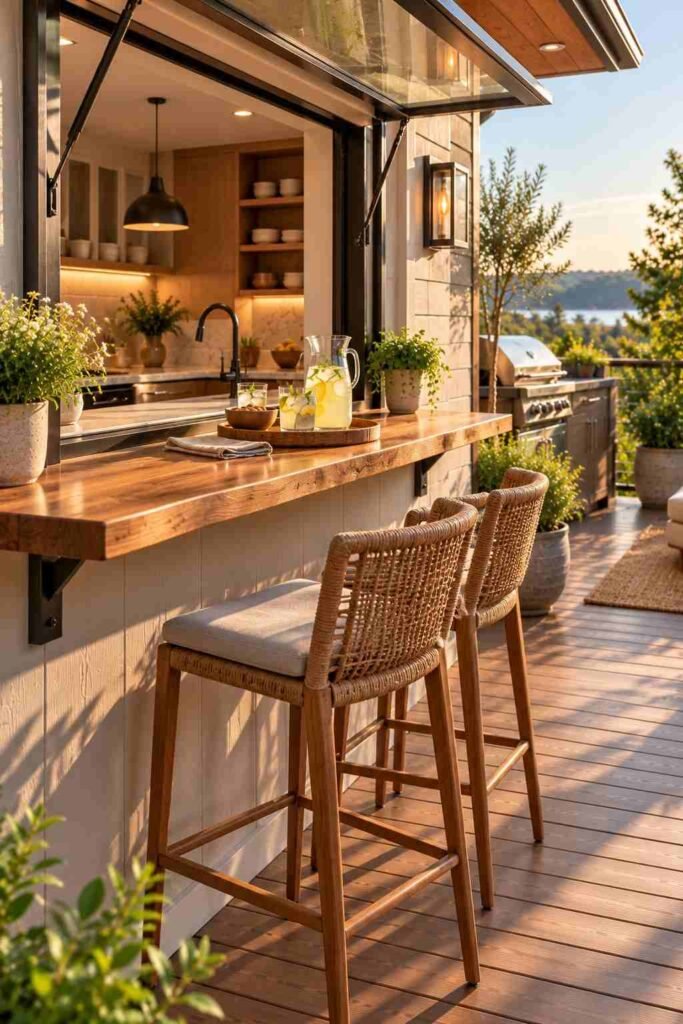 30 Outdoor Kitchen Ideas on Deck: Smart Layouts, Materials for Small, Mid-Size, and Large Spaces 13 Pass-through kitchen window with a deck-side bar counter and stools.