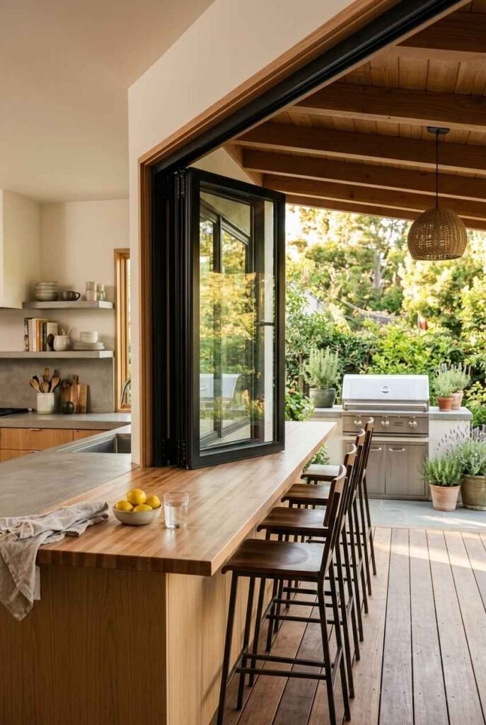 Semi-Outdoor Kitchen Ideas: 30 Covered Designs for Patios, Porches, and Balconies 12 Bar-height pass-through window connecting an indoor kitchen to a covered patio