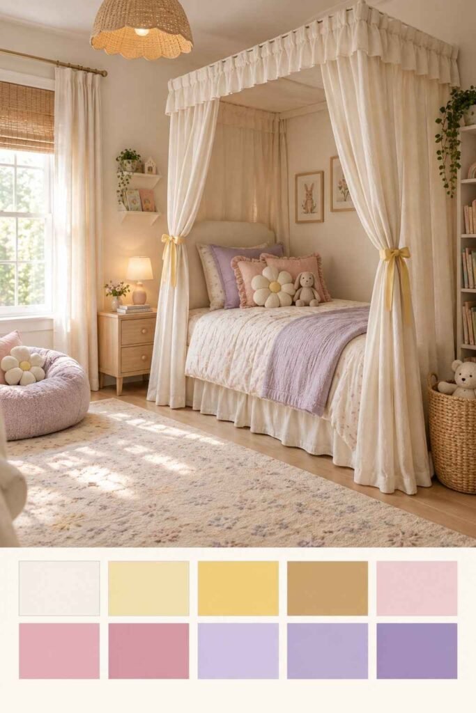 Cream canopy bedroom with pastel pillows and a ten-color swatch strip below the photo.