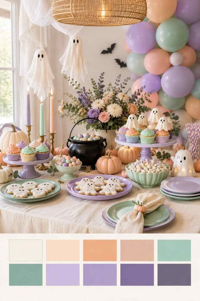Pastel Halloween treat table with lavender, mint and peach decor, with a color palette strip below.