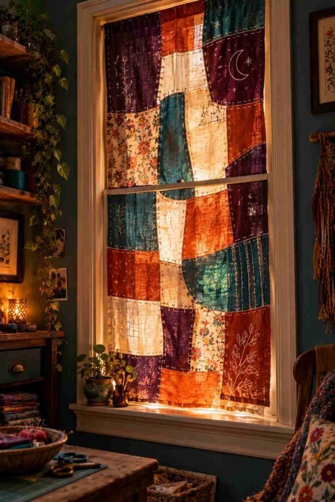 Colorful patchwork panel with white stitch lines hung in a Halloween window.