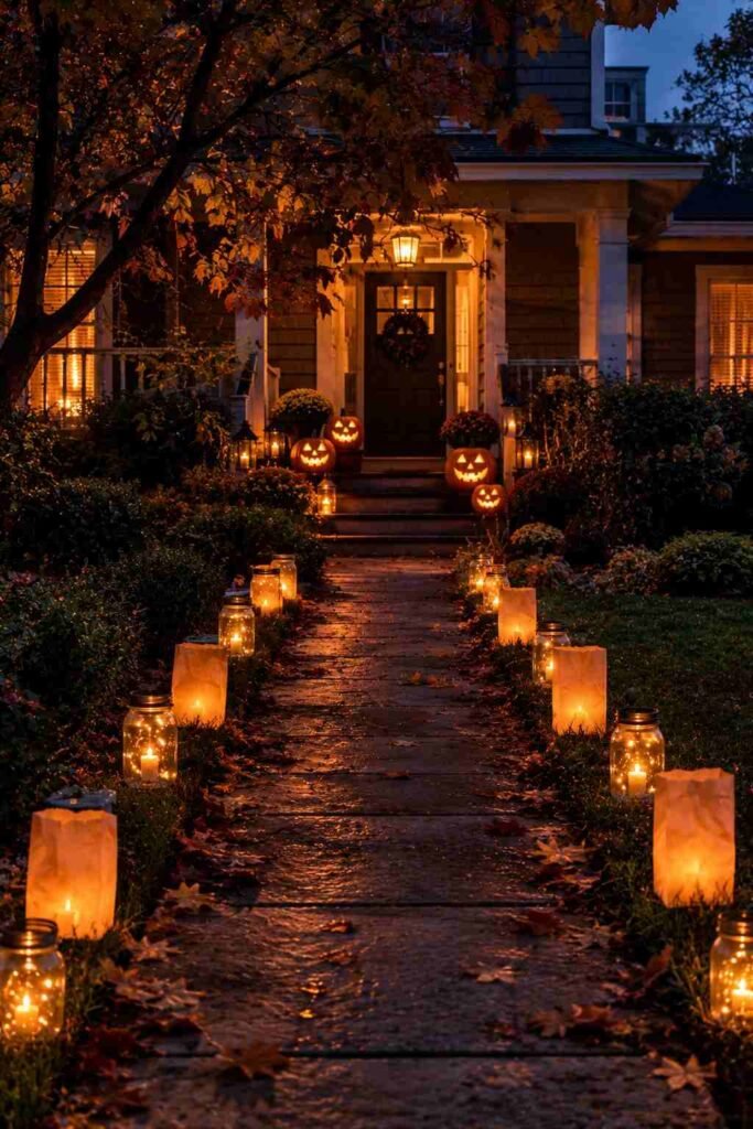 Walkway lined with luminaries leading to glowing jack-o’-lanterns on a porch