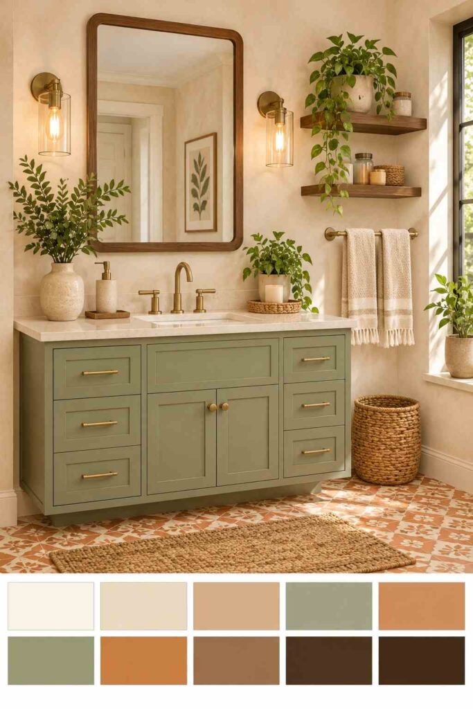Warm earthy bathroom with terracotta patterned floor tile and sage vanity, with a ten-color swatch strip below.