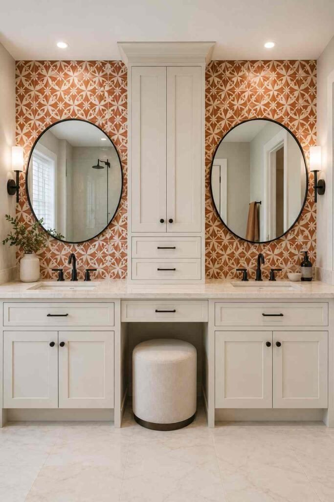 30 Bathroom Vanity Ideas For Double Sink Layouts for Every Style and Budget 19 Double vanity with patterned terracotta tile backsplash and two matching sinks.