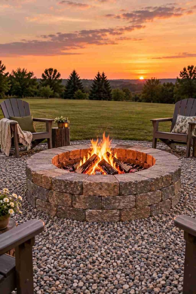 28 Budget-Friendly Outdoor Decorations DIY Garden Projects for Every Season 17 Circular paver fire pit ring on level gravel in an open backyard with chairs set back safely
