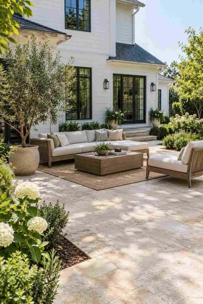 Travertine paver patio with lounge seating and potted olive tree