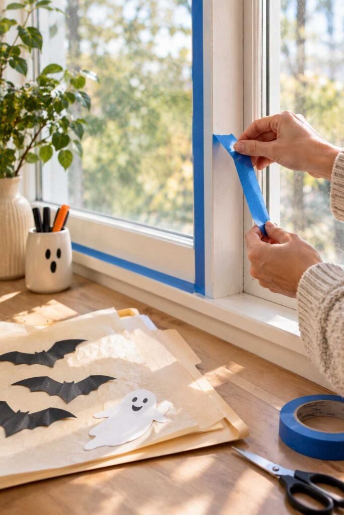 Hands peeling painter’s tape from a window and storing paper cutouts flat in a folder.
