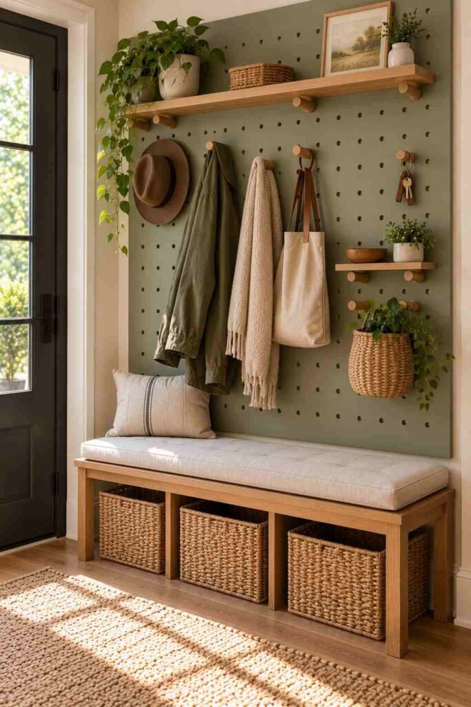 Painted pegboard drop zone with adjustable hooks, shelf and basket above an entryway bench