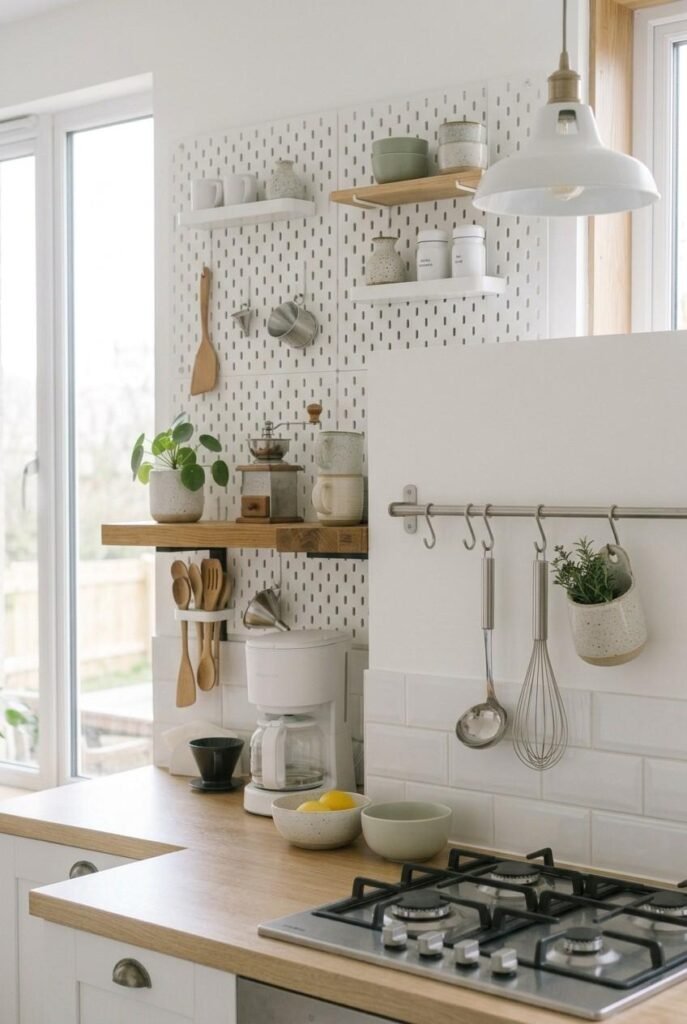 White pegboard kitchen wall with small shelves, hooks, and cooking tools