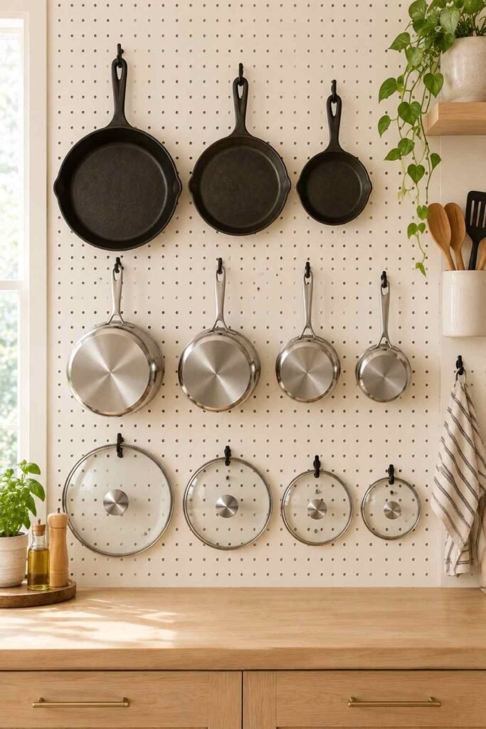 Pegboard wall with hooks holding skillets, saucepans and lids above a wood counter
