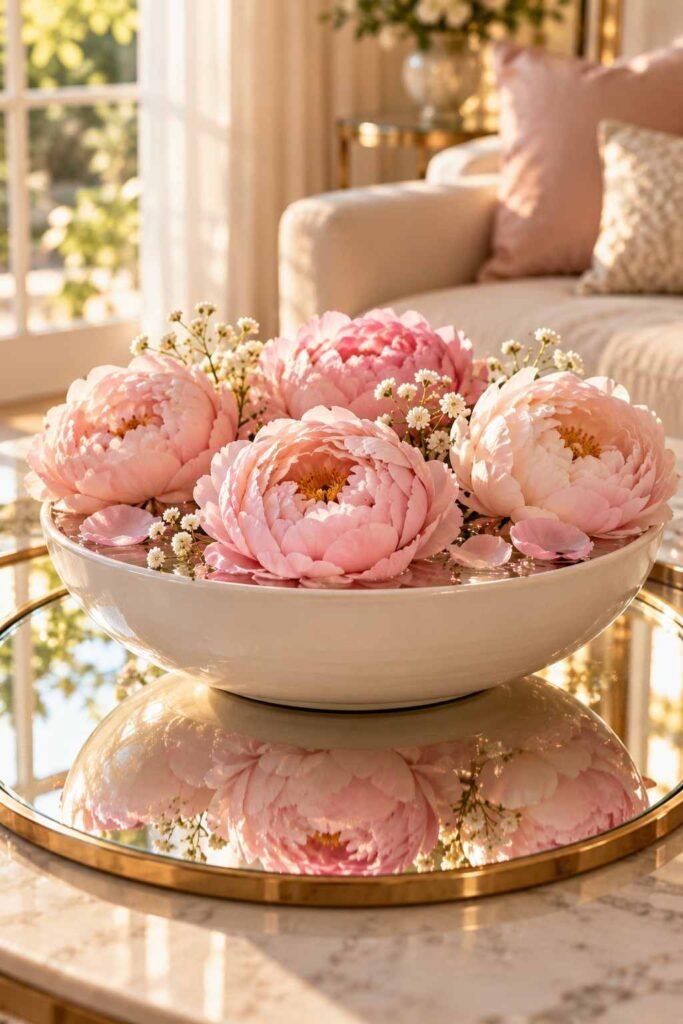Floating peony heads in a low bowl on a round mirror plate.