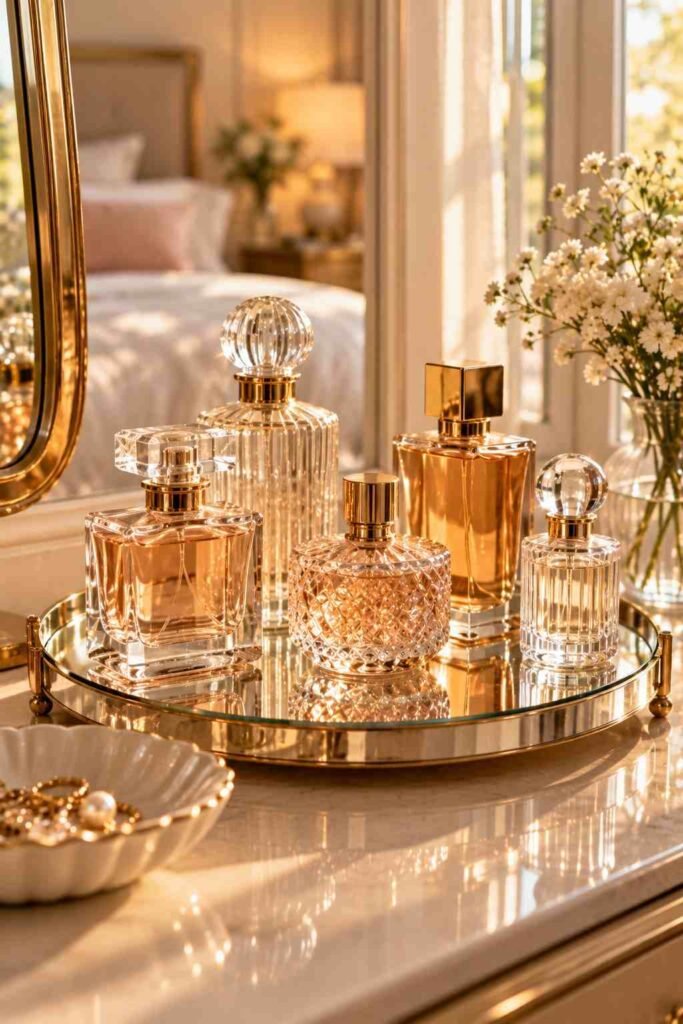 Perfume bottles arranged on a mirrored vanity tray in a bedroom.
