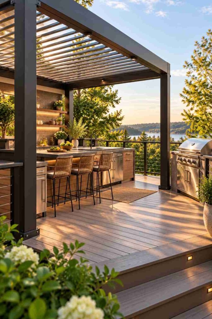 30 Outdoor Kitchen Ideas on Deck: Smart Layouts, Materials for Small, Mid-Size, and Large Spaces 12 Louvered pergola shading a deck kitchen with a grill positioned safely clear of the roof.