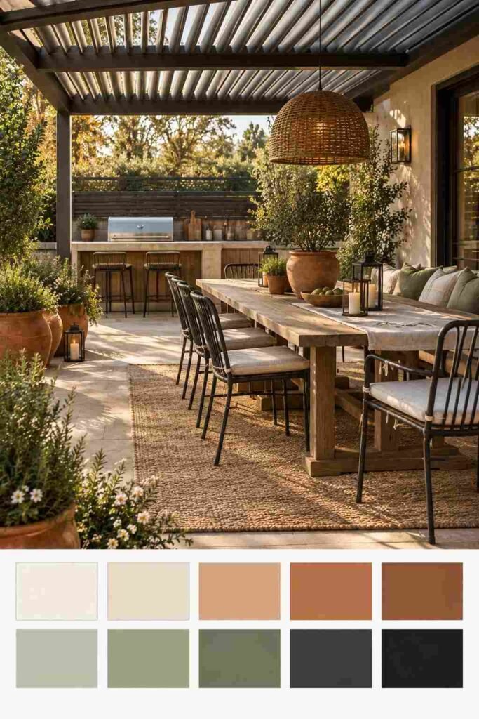 Pergola dining patio with terracotta, sage, and warm white decor and a 10-color palette strip.