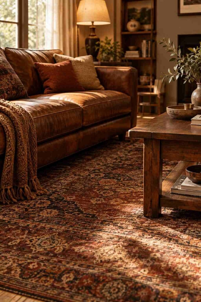 Vintage Persian rug in rust and brown beneath leather sofa in a dark living room.