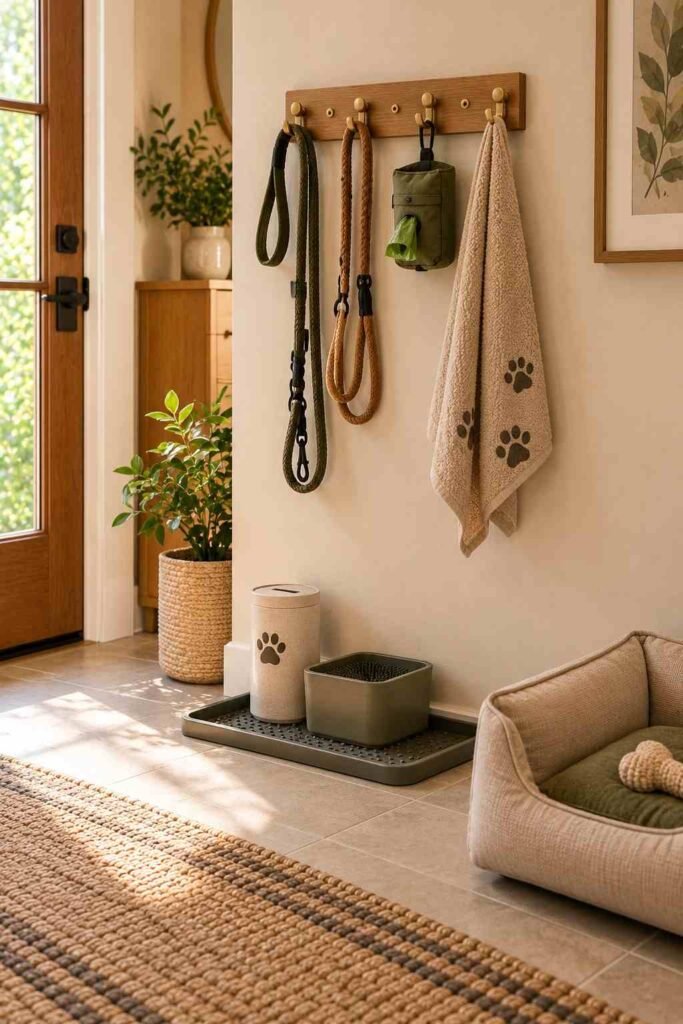 Pet gear station with leash hooks, waste bag pouch and towel in an entryway