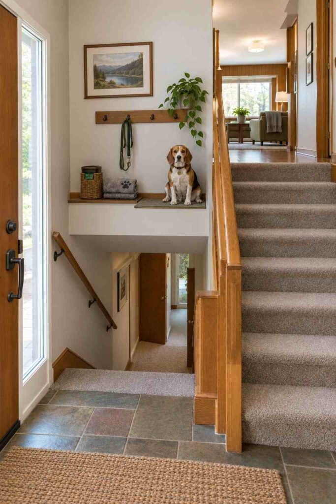 Pet station on a small entry landing with leash hook, waste bag bin, and paw towel.