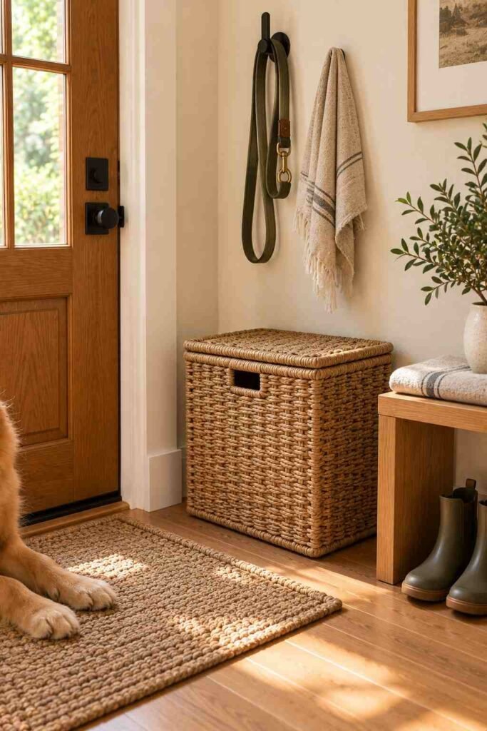 Lidded bin, leash hook and paw-wiping mat for pet supplies by the entryway door.