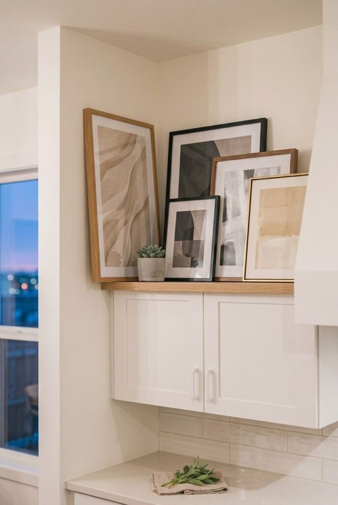 Narrow picture ledge with layered framed art mounted above kitchen cabinets.
