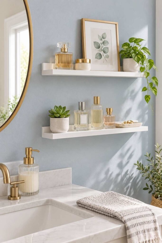 Narrow picture ledge shelves on a bathroom wall with perfume and a small plant.