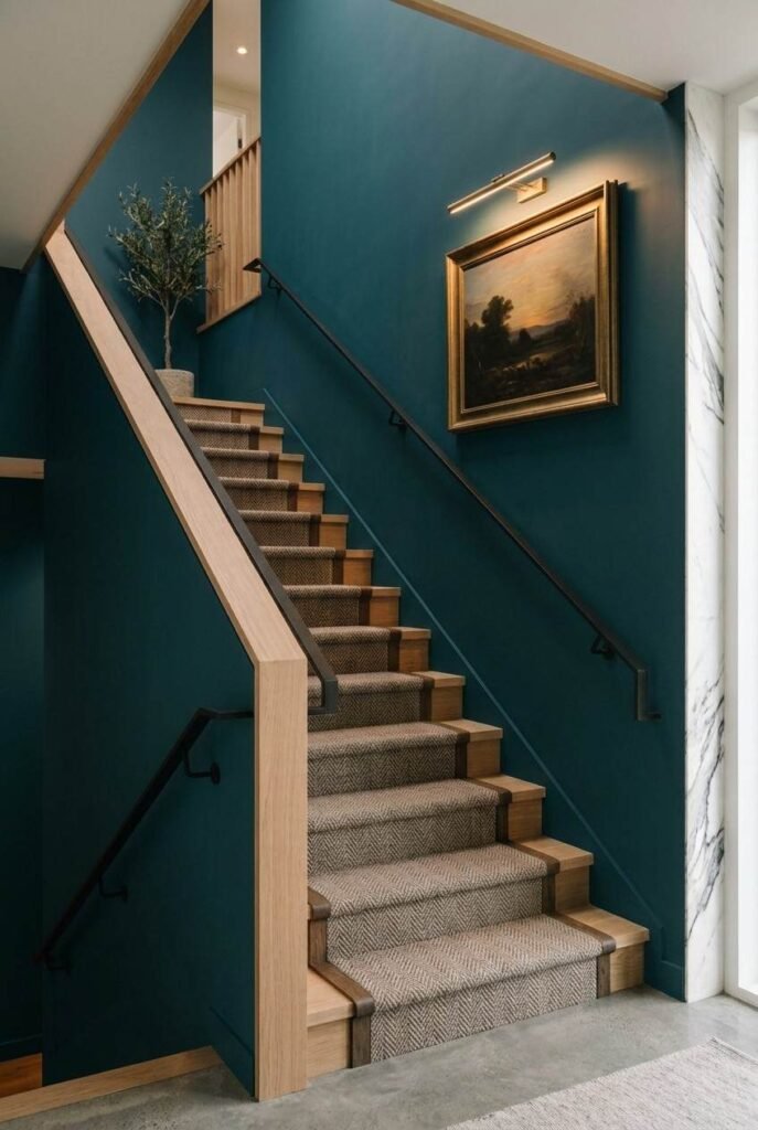 28 Stairs Wall Decor Ideas Modern Luxury Interiors Style Your Staircase Wall 14 Slim brass picture light highlighting a painting on a staircase wall