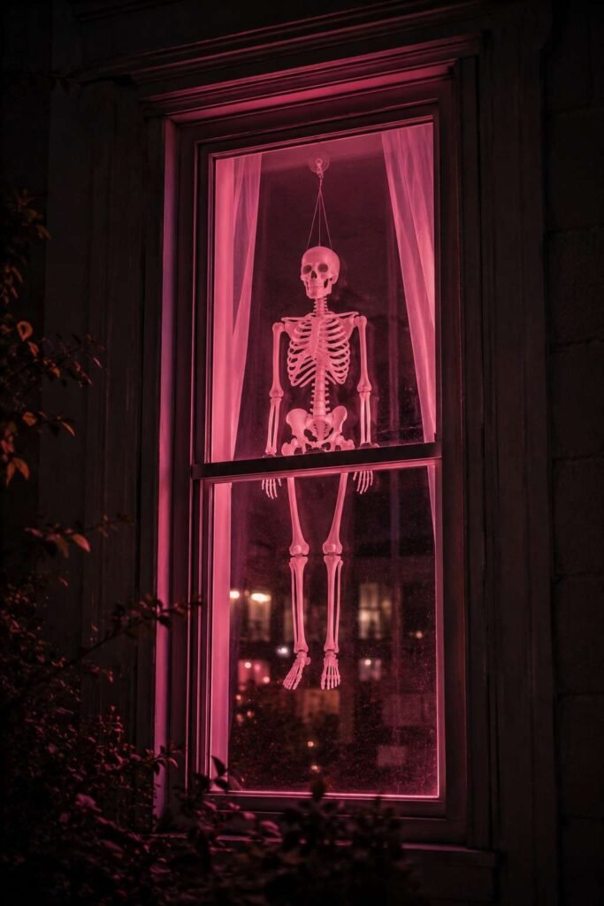 Skeleton in a window backlit with pink light for a spooky-pretty Halloween effect.