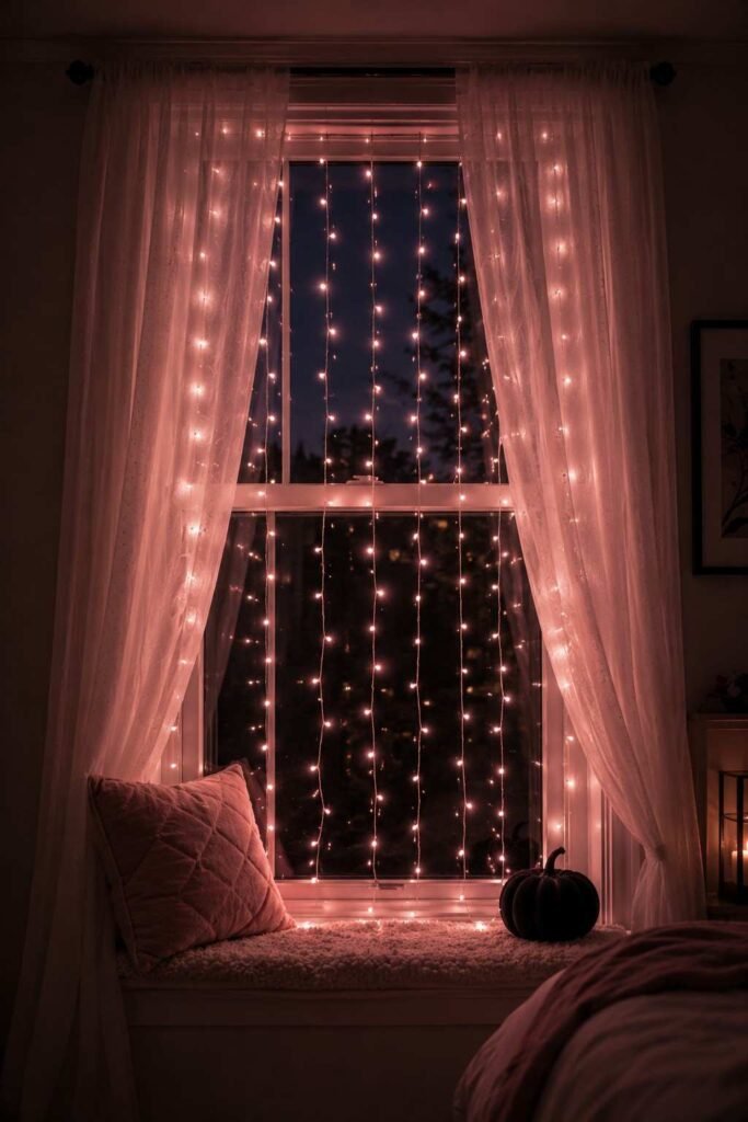 Pink fairy lights hanging in vertical strands across a window as Halloween decor.