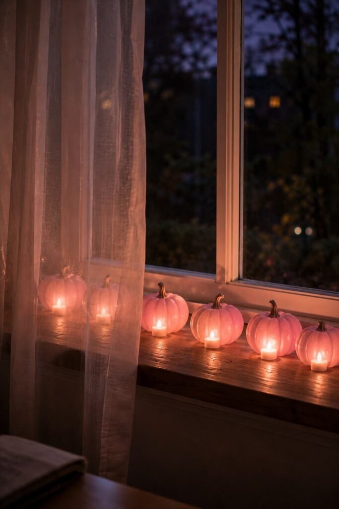 Row of small pink pumpkins with LED lights lined up on a window sill.