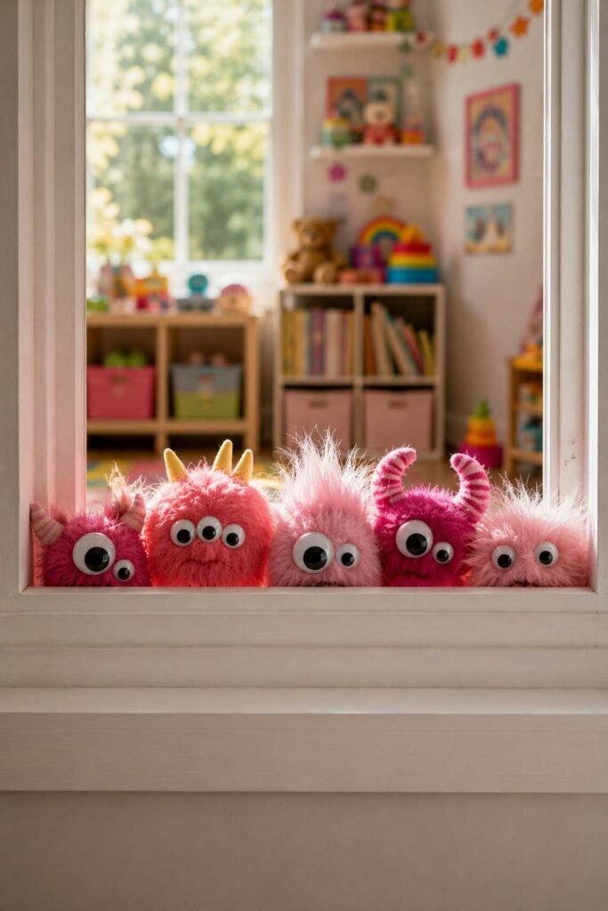 Pink felt monsters peeking over a window frame as a kid-friendly Halloween decoration.