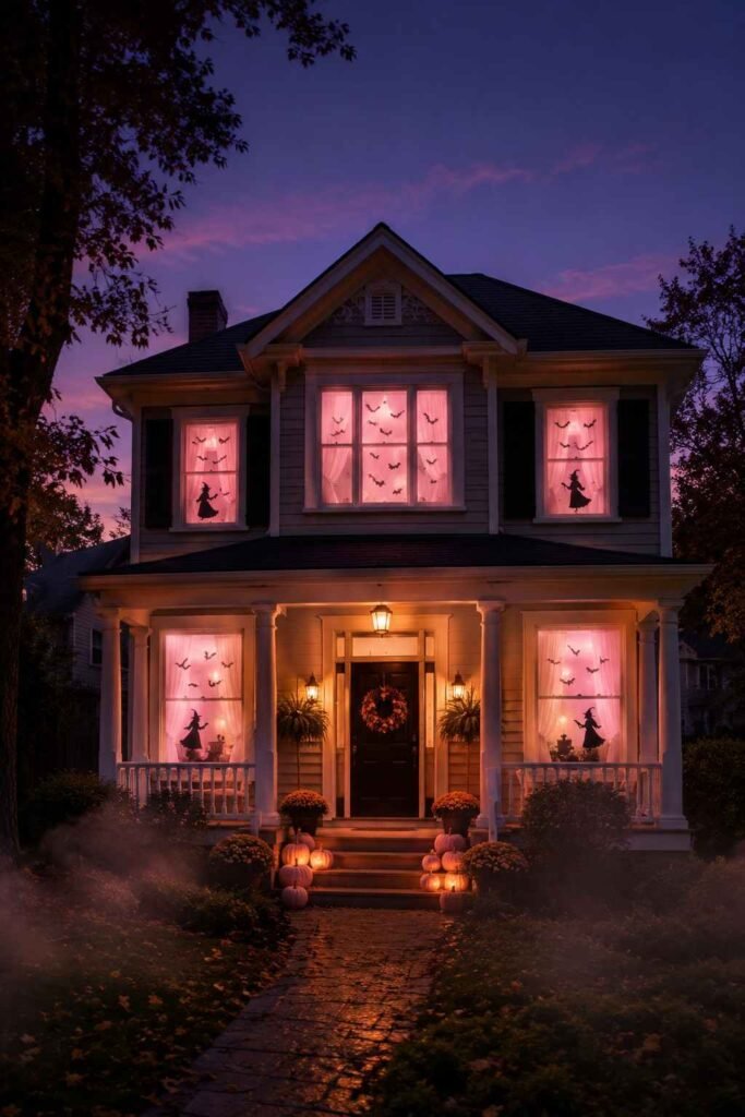 House at dusk with glowing pink Halloween window decorations and silhouettes visible from the street.