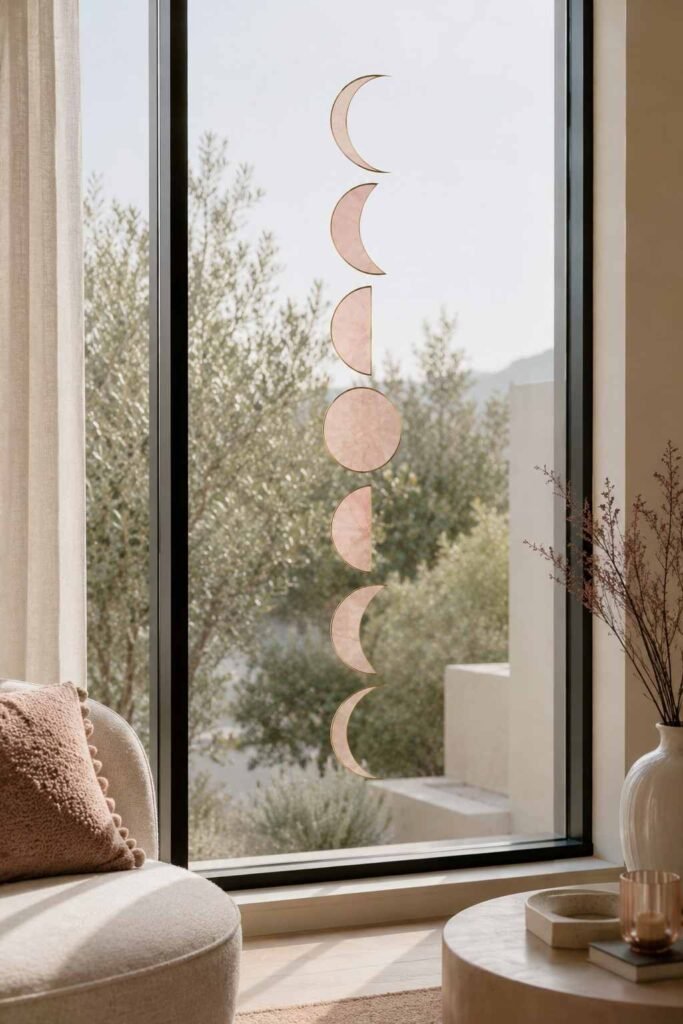 Pink and gold moon phase cutouts on a modern window for elegant Halloween decor.