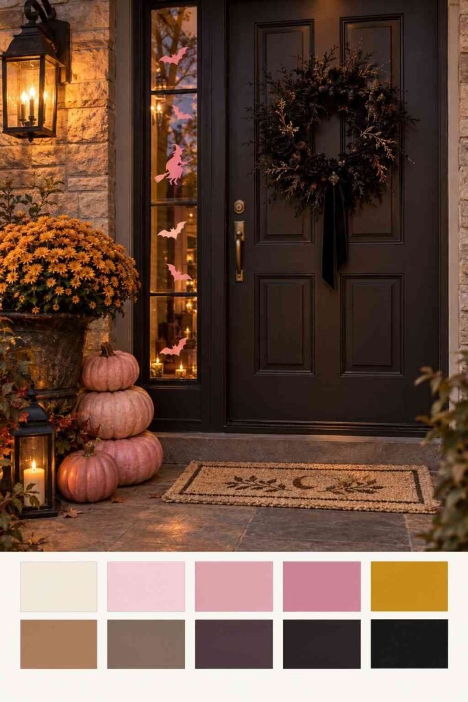 Halloween porch with pink window silhouettes and a swatch strip of blush, mustard and black colors.