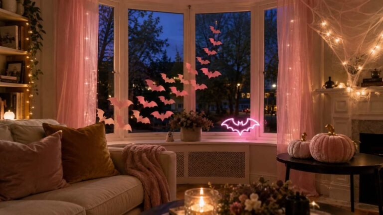 Living room bay window with pink Halloween paper bats