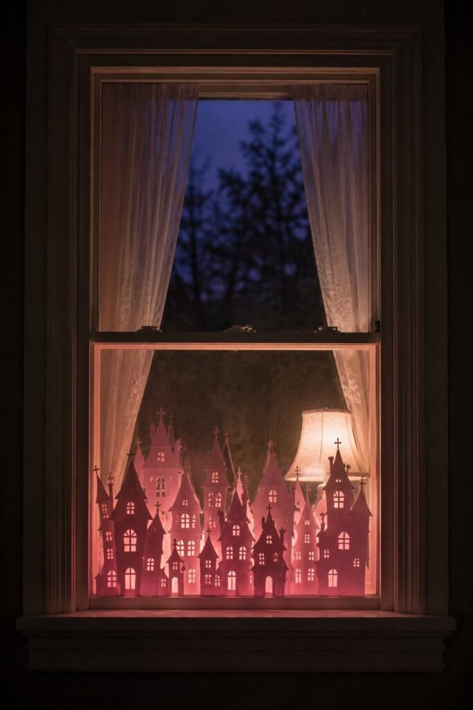 Pink paper haunted house skyline glowing along the bottom of a Halloween window.
